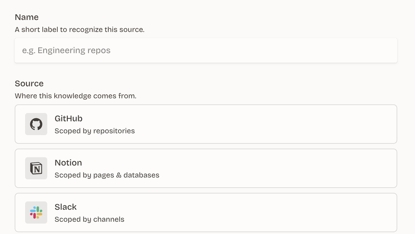 Hivy knowledge source setup with GitHub, Notion, Slack, Linear, and website sources
